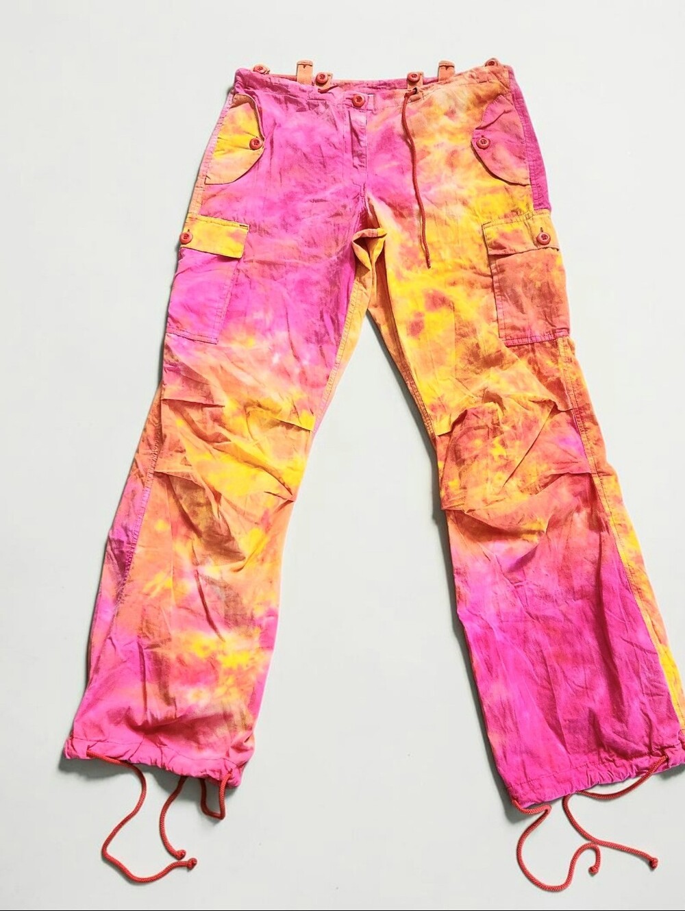 UFO Hipster Tie Dye Cargo Pant Womens M Pink Orange Yellow Baggy Adjustable